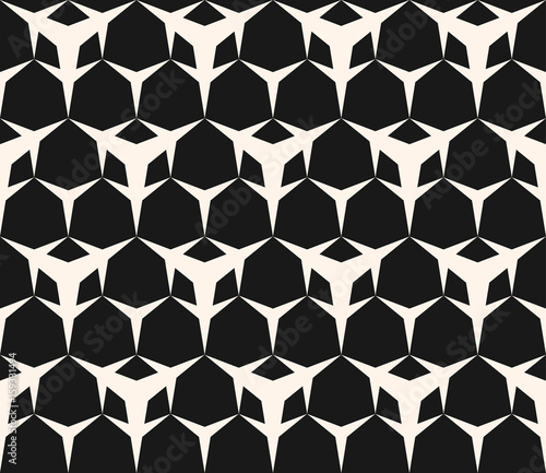 Fototapeta Naklejka Na Ścianę i Meble -  Vector monochrome texture, seamless pattern with simple sharped geometric figures, triangular shapes, hexagonal geometrical lattice. Repeat abstract background. Dark design for covers, digital, web