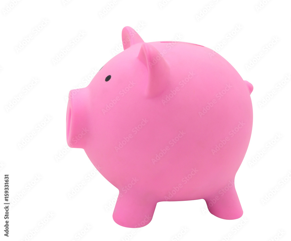 Side view of pink piggy bank made from plastic isolated Side view of pink piggy bank made from plastic isolated