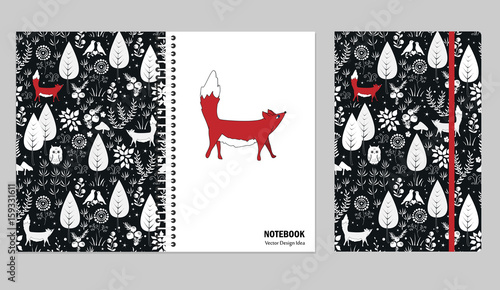 Cover design for notebooks or scrapbooks with doodle forest and cute fox. Vector illustration.
