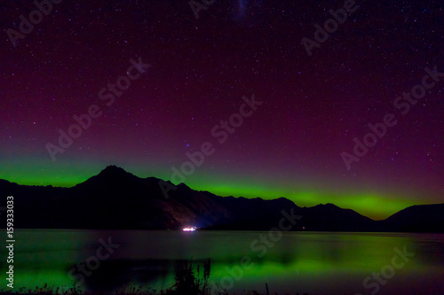 Beautiful Aurora Australis and milky way over Lake Wakatipu  Kinloch  New Zealand South Island