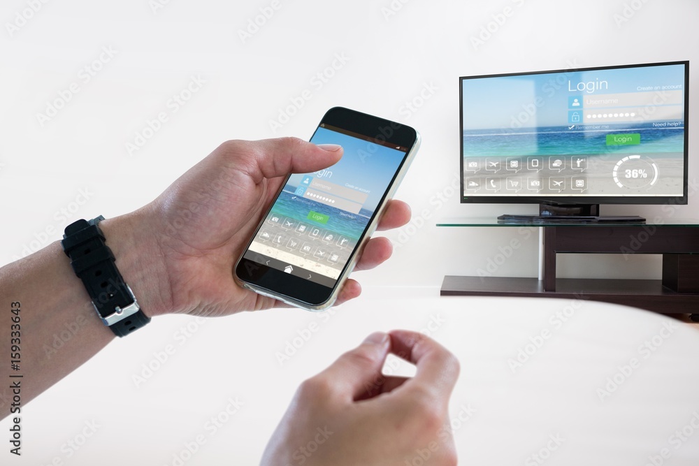 Composite image of close-up of man holding mobile phone Composite image of close-up of man holding mobile phone
