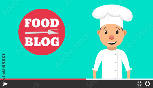 Food blog. Video blogger concept. Male blogger channel. Computer screen with video player. Vector illustration in flat style