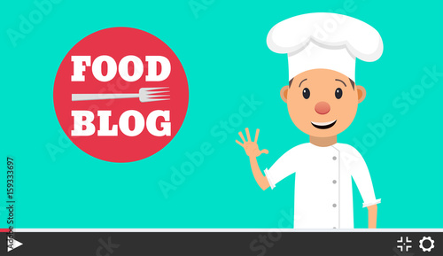 Food blog. Video blogger concept. Male blogger channel. Computer screen with video player. Vector illustration in flat style