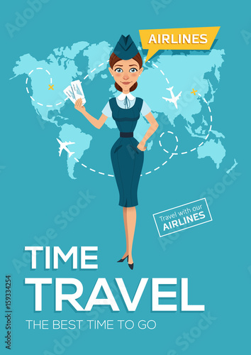 Advertising poster, banner of airline. The best time to travel. Stewardess keeps air tickets and offers to go on trip