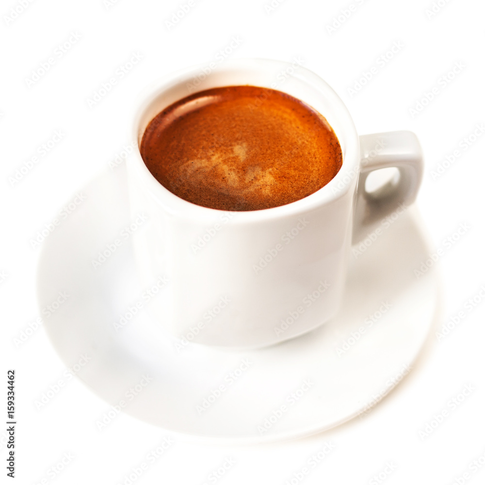 Coffee cup isolated on white background close up. Americano. Coffee cup of cappuccino with brown foam Coffee cup isolated on white background close up. Americano. Coffee cup of cappuccino with brown foam