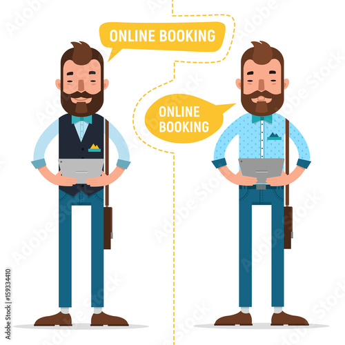 Online Booking. Man with tablet making online order, booking accommodation hostel, booking tickets for concert