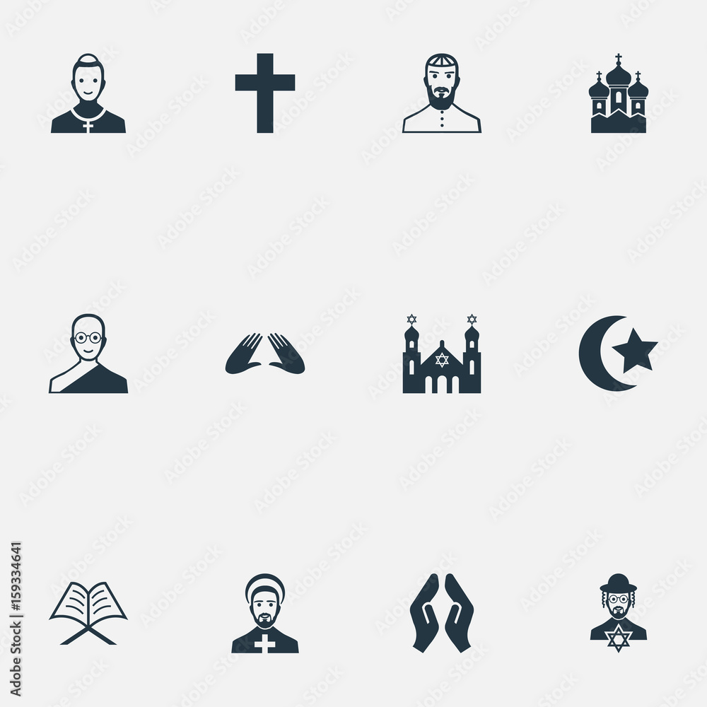 Vector Illustration Set Of Simple Faith Icons. Elements Chaplain, Buddhist, Clergyman And Other