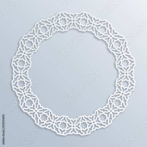 3D round white frame, vignette. Islamic geometric border, bas-relief. Vector muslim, persian motif. Elegant oriental ornament, traditional arabic art. Mosque decoration. Element for greeting cards.