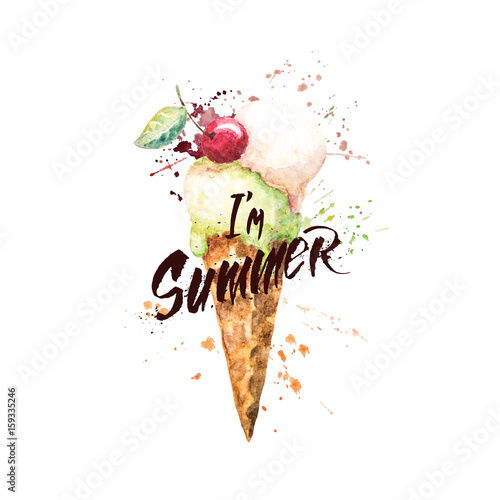Fotografie Watercolor ice cream cone with paint splashes and with hand-written lettering  I'm summer