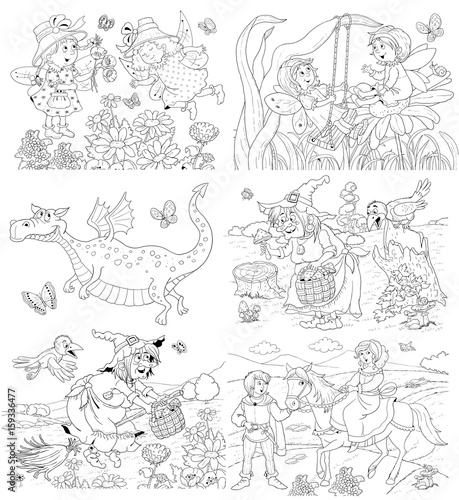 Fairy tale. Coloring book. Coloring page. Cute and funny cartoon characters