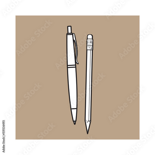 Simple hand drawn ball point pen and pencil, office supplies, sketch style vector illustration isolated on brown background. Realistic hand drawing of red school pen and graphite pencil