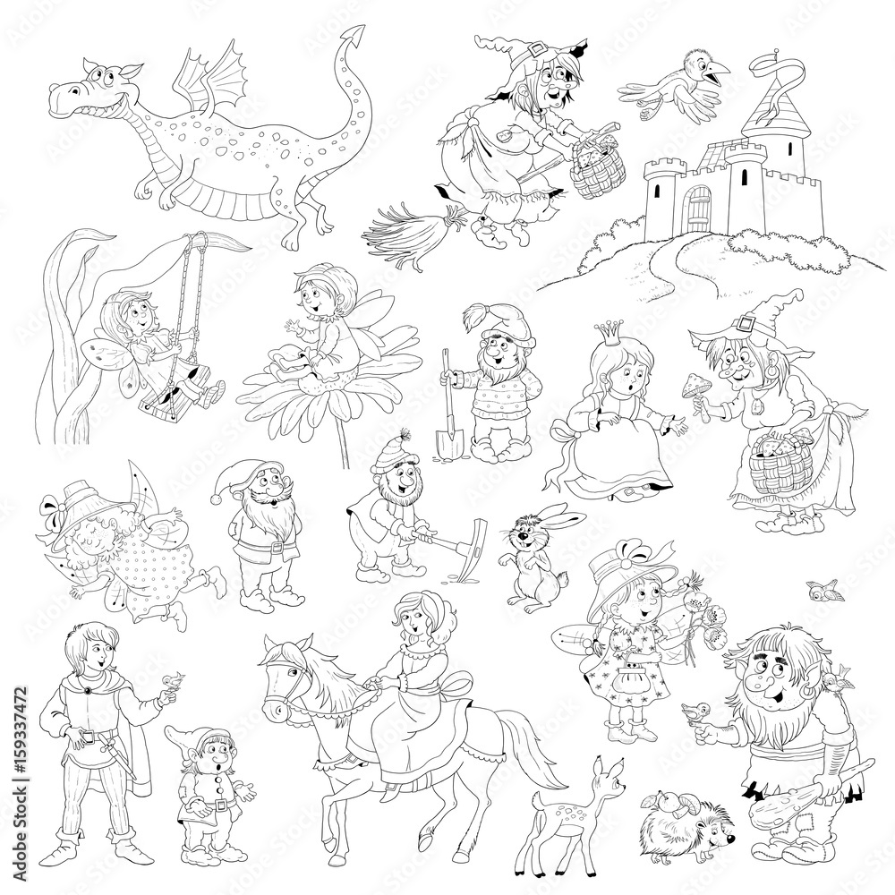Big collection of fairy tale characters. Fairy tale. Coloring book.  Coloring page. Cute and funny cartoon characters Stock Illustration | Adobe  Stock