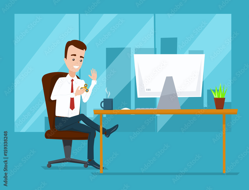 Businessman sitting in the office at the computer and playing in the spinner. City behind a wide window Businessman sitting in the office at the computer and playing in the spinner. City behind a wide window