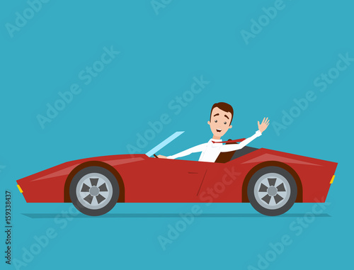 Businessman in a white shirt is driving a red sports car on a blue background