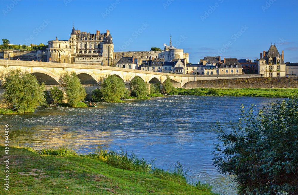 The royal Chateau at Amboise and ancient bridge in the Loire Valley in France. Chateau d'Amboise.