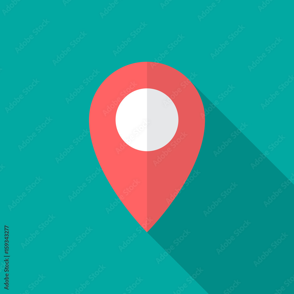 Map pointer icon with long shadow. Flat design style. Map pointer simple silhouette. Modern, minimalist icon in stylish colors. Web site page and mobile app design vector element. Map pointer icon with long shadow. Flat design style. Map pointer simple silhouette. Modern, minimalist icon in stylish colors. Web site page and mobile app design vector element.