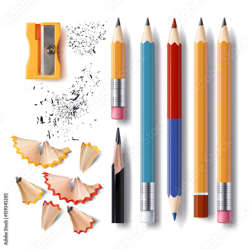 Set of vector illustrations in realistic style sharpened pencils of various lengths with a rubber and without, a sharpener, pencil shavings and a graphite isolated on white photo