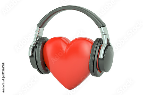 Red heart with headphones, favorite music concept. 3D rendering