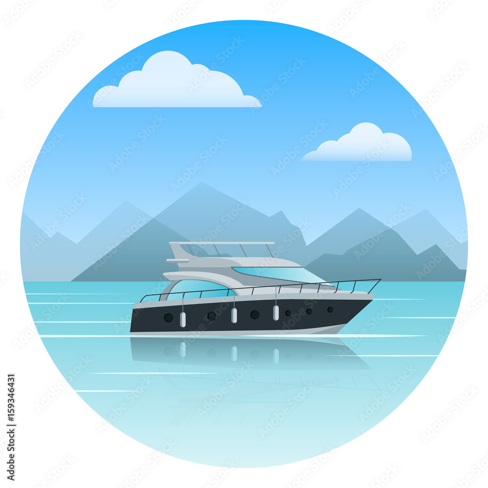 Modern boat and sea landscape with mountains and clouds. Vector