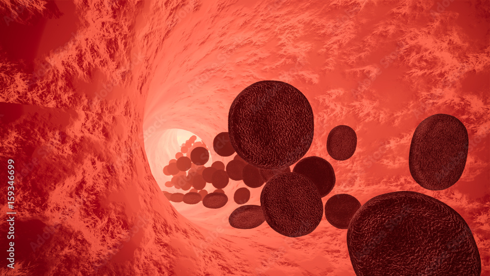 3D rendered illustration of red blood cells in human artery. Stock ...