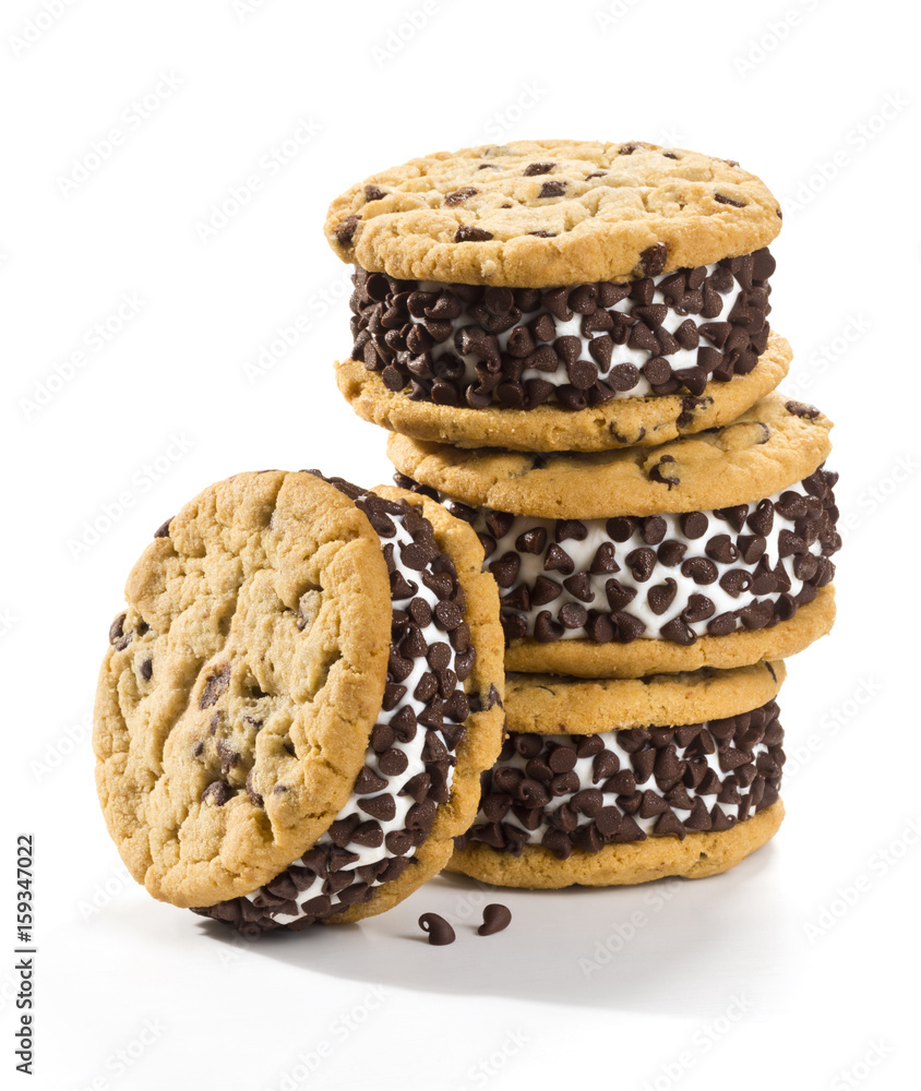 Chocolate Chip Cookie Ice Cream Sandwiches on White Background Chocolate Chip Cookie Ice Cream Sandwiches on White Background