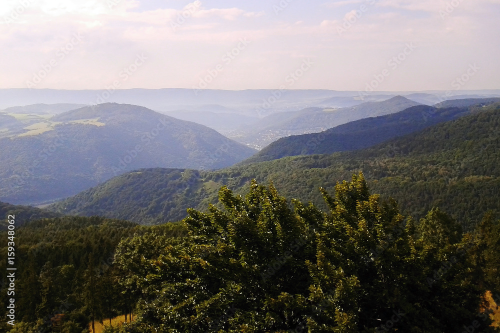 Archive photo from august 2012 with view from metal lookout tower named Varhost to valley of european river Labe in czech republic Archive photo from august 2012 with view from metal lookout tower named Varhost to valley of european river Labe in czech republic