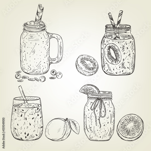 Graphic sketch of different smoothie icons. Vector mango, kiwi, blueberry, grapefruit and line beverages. Fruity set used for poster, card, menu or recipe book design.