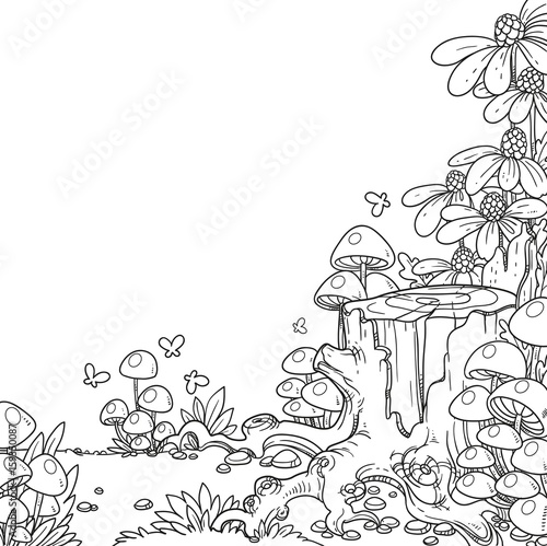 Linear illustration of old stump covered with mushrooms and flowers isolated on white background