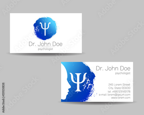 Psychology vector visit card. Modern logo. Creative style. Design concept. Brand company. Blue color isolated on gray background. Symbol for web, print. visiting personal set