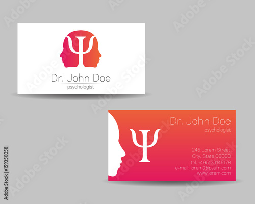 Psychology vector visit card. Modern logo. Creative style. Design concept. Brand company. Pink color isolated on gray background. Symbol for web, print. visiting personal set