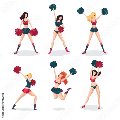 Girl cheerleaders isolated on white set. People cartoon character. Sports icon.