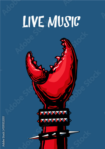Live music poster with crab claw. Heavy metall. Tattoo style.