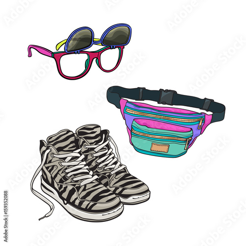 90s fashion accessories - sneakers, sunglasses with removable lenses, waist bag, sketch vector illustration isolated on white background. Retro fashion - sneakers, removable lens sunglasses, waist bag