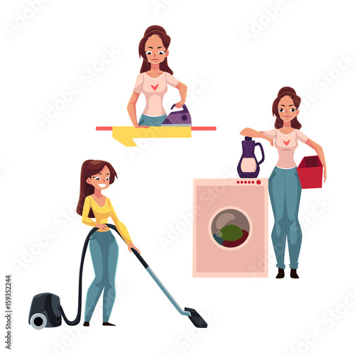 Young woman, housewife doing chores - ironing, washing, vacuum cleaning, mopping floors, cartoon vector illustration isolated on white background. Woman, girl cleaning her house, washing, ironing