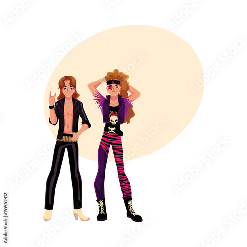 Couple of young men, guys dressed as glam rock stars, cartoon vector illustration with space for text. Full length portrait of two young people dressed as glam rock stars, leather, army boots
