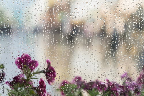 Purple flowers behind the wet window with rain drops, blurred street bokeh. Concept of spring weather, seasons, modern city. Place for text, for abstract background