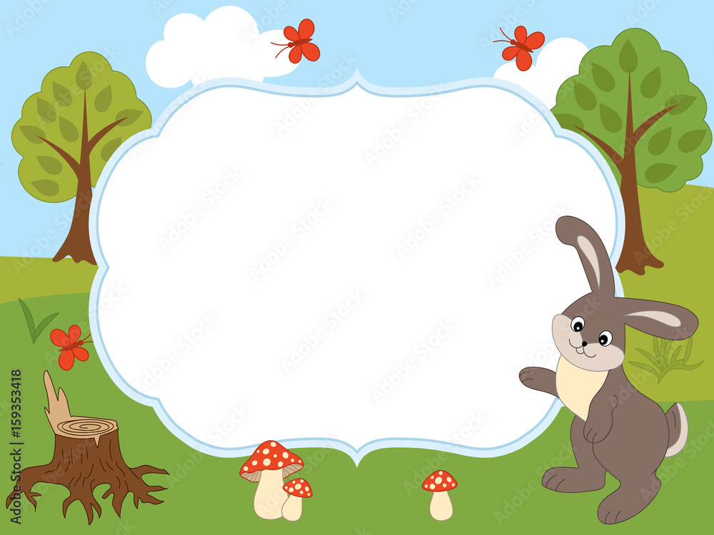 Vector Card Template with a Cute Rabbit, Butterflies, Mushrooms and Trees on Forest Background. Vector Card Template with a Cute Rabbit, Butterflies, Mushrooms and Trees on Forest Background.