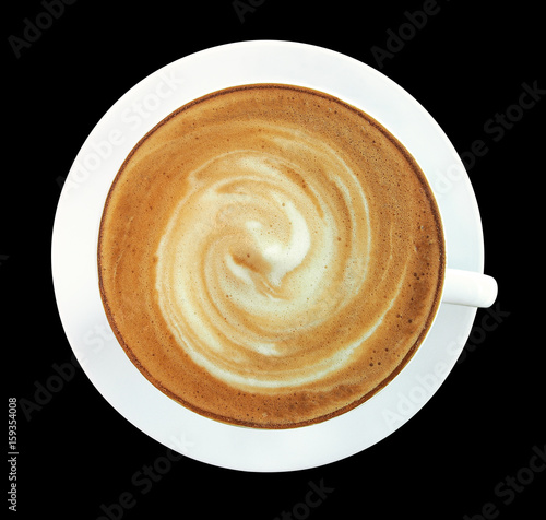 Top view of hot coffee cappuccino cup with spiral milk foam isolated on black background, clipping path included.