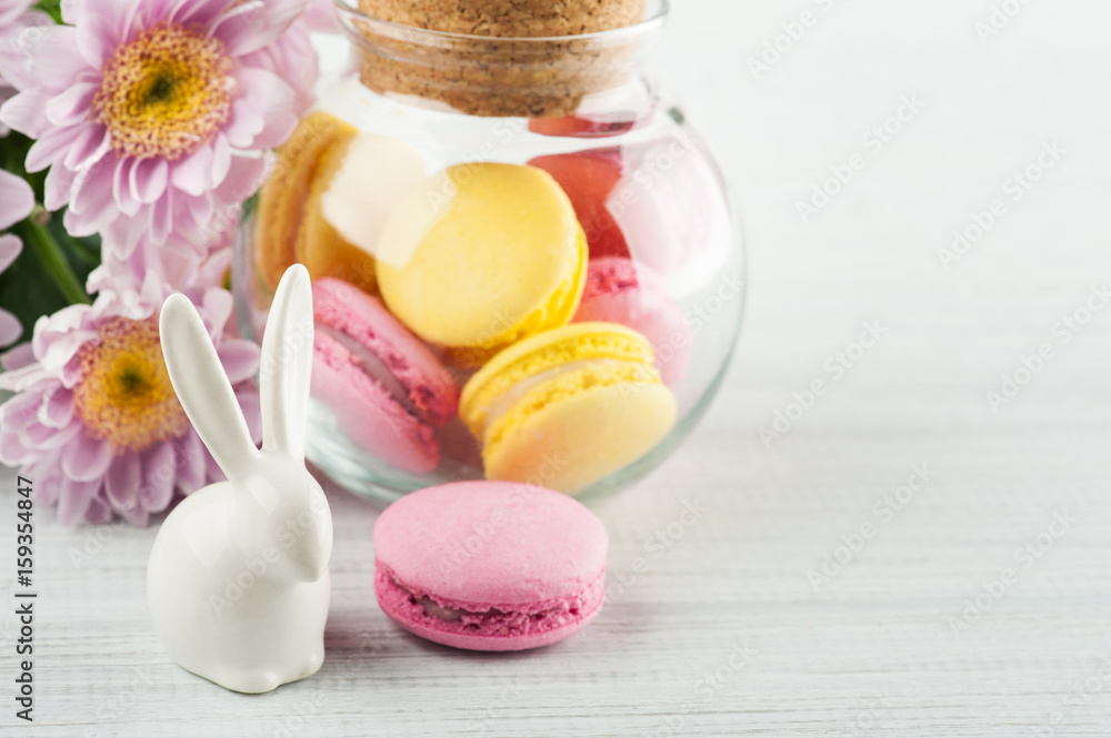 Yellow and pink macaroons, decorative rabbit Yellow and pink macaroons, decorative rabbit