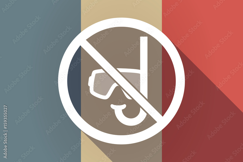 Long shadow France flag with a diving glasses and a snorkel in a not allowed signal Long shadow France flag with a diving glasses and a snorkel in a not allowed signal