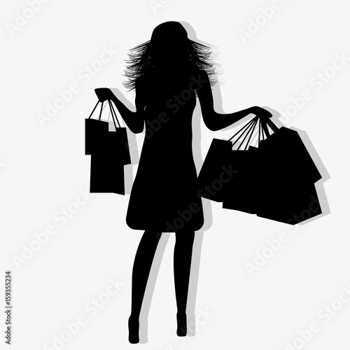 Woman with shopping bags, black tone on a light background. Women's shopping.