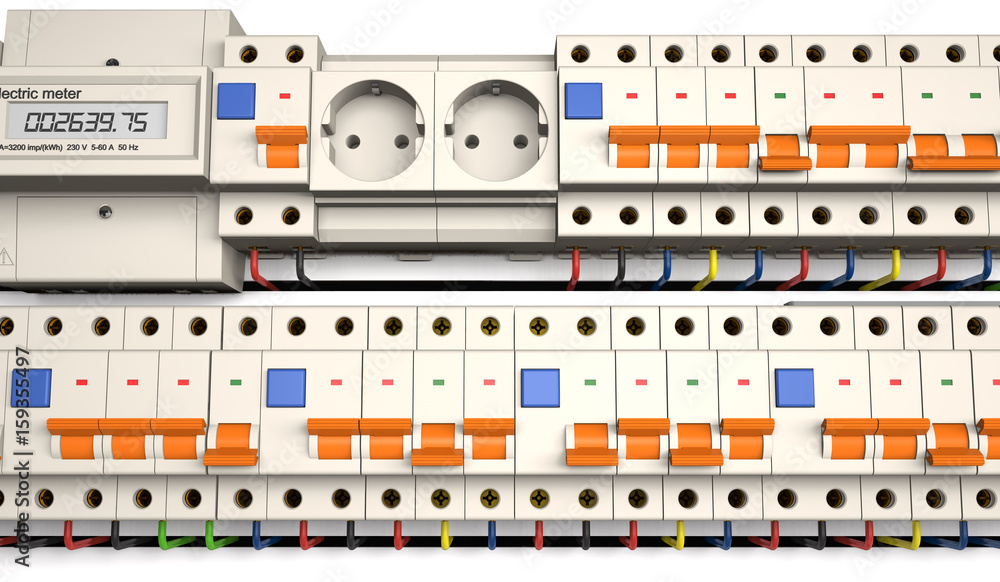 Automatic electrical components in front view (3d illustration).