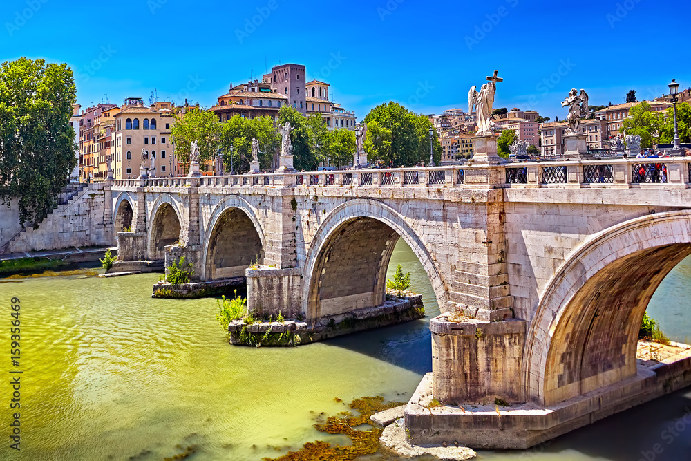 Rome Angels Castle Bridge. River Tiber near Vatican. Rome, Italy