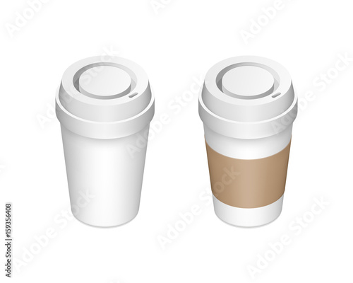 Set of realistic isometric take away paper coffee cups with and without cardboard sleeve isolated on white background. Vector illustration for cafe advertisement, website banner, poster.