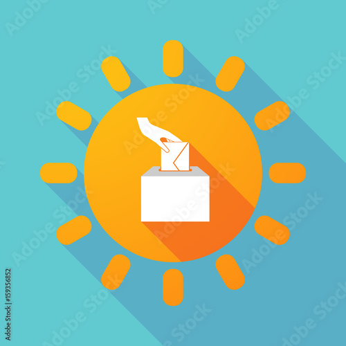 Long shadow Sun with  a hand inserting an envelope in a ballot box
