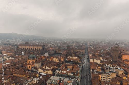 Panoramic view of foggy Bologna Italy