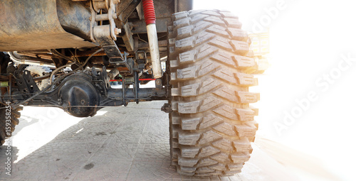 Army truck 4WD bottom show spare parts and tire big foot