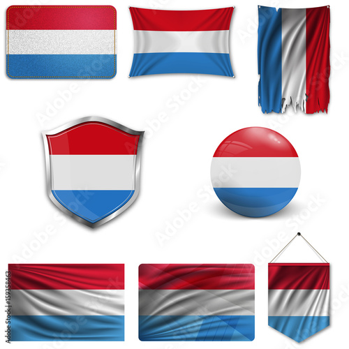 Free Download Set of the national flag of Luxembourg in different designs on a white background. Realistic vector illustration. - GFXLoad