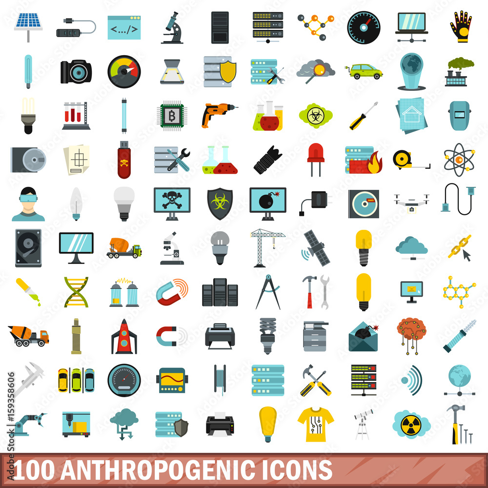 100 anthropogenic icons set, flat style 100 anthropogenic icons set, flat style