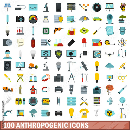 100 anthropogenic icons set, flat style